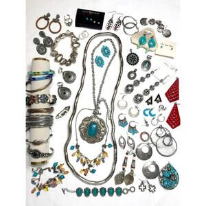 VTG 1.68lb Southwestern Turquoise Silver Jewelry Necklace Earring Lot Bundle